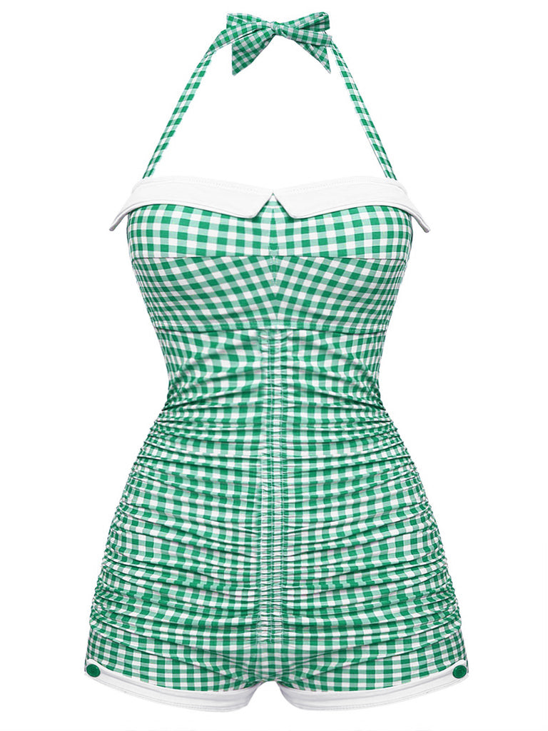 Gelb Gingham 1950er Schleife Neckholder Badeanzug