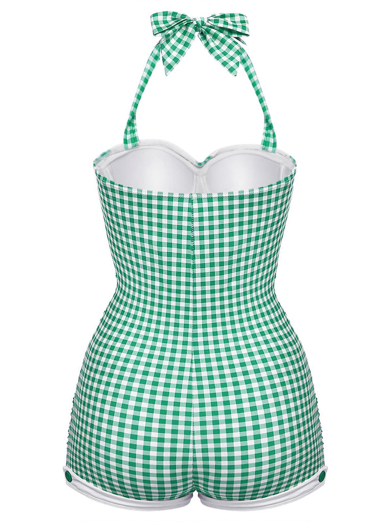 Gelb Gingham 1950er Schleife Neckholder Badeanzug