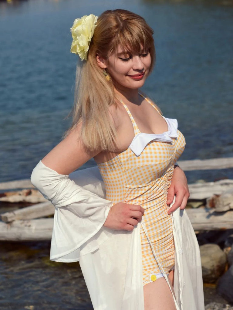 Gelb Gingham 1950er Schleife Neckholder Badeanzug