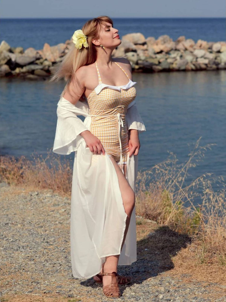 Gelb Gingham 1950er Schleife Neckholder Badeanzug