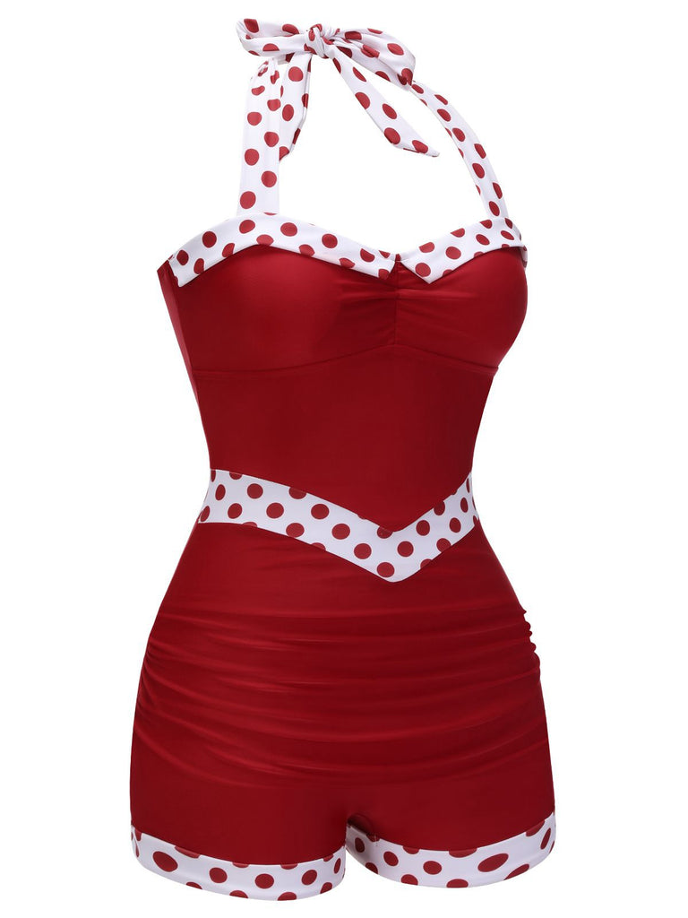 Schwarz 1940er Halter Patchwork Einteiliger Badeanzug