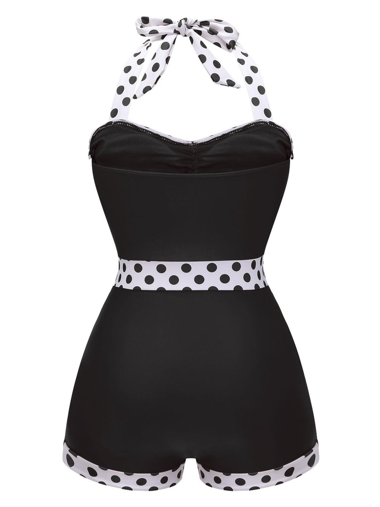 Schwarz 1940er Halter Patchwork Einteiliger Badeanzug