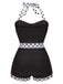Schwarz 1940er Halter Patchwork Einteiliger Badeanzug