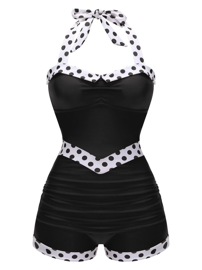 Schwarz 1940er Halter Patchwork Einteiliger Badeanzug