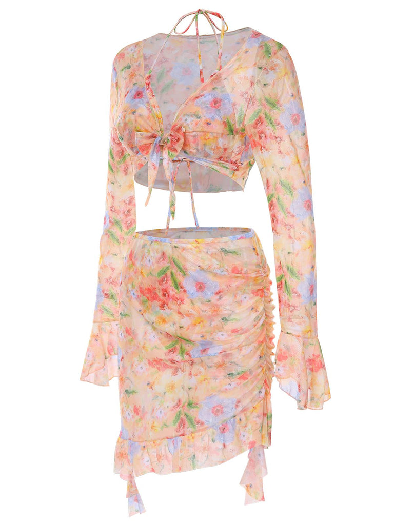 4PCS 1950er Blumen Badeanzug Kleid Set