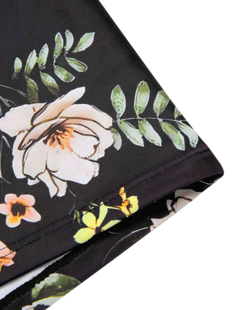 Schwarz 1940er Blumen Boxer Träger Badeanzug