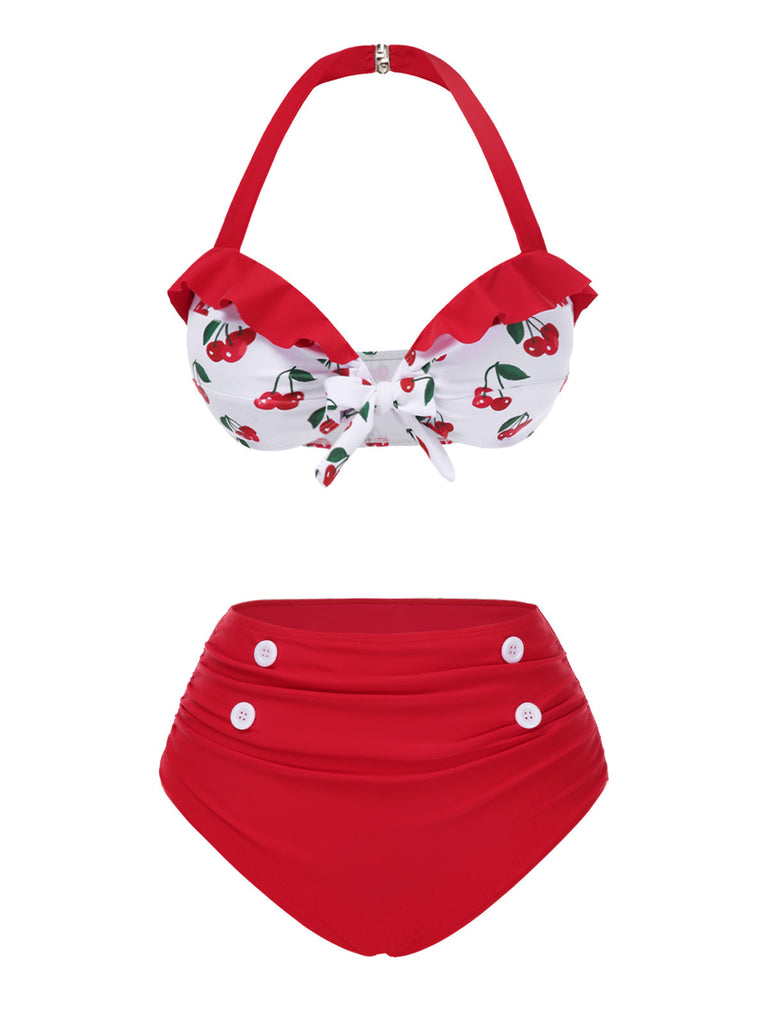 2PCS Rot 1950er Kirsche Bikini & Taille-Binden Cover up