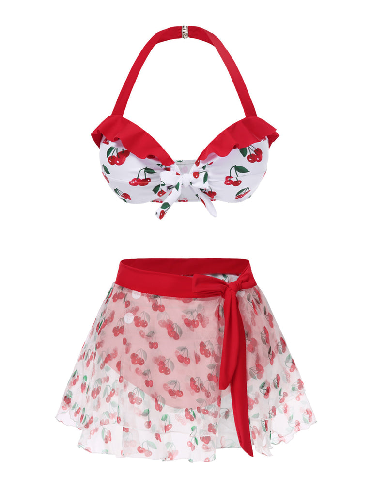 2PCS Rot 1950er Kirsche Bikini & Taille-Binden Cover up