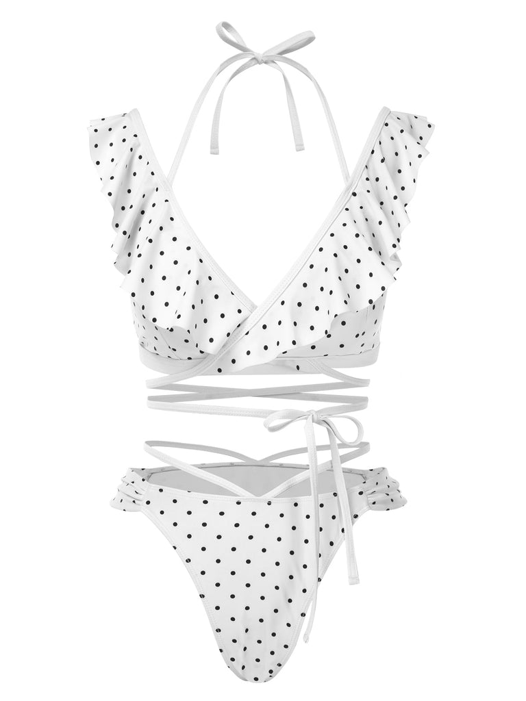 1970er Polka Dot Schnürung Rüschen Bikini Set