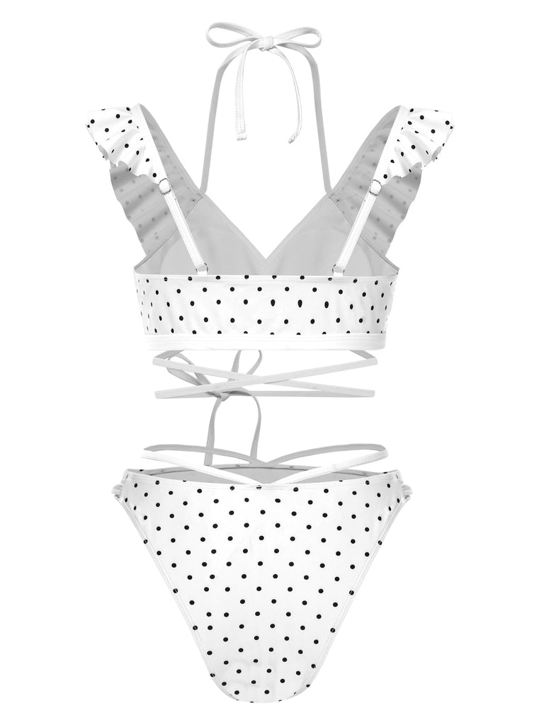 1970er Polka Dot Schnürung Rüschen Bikini Set