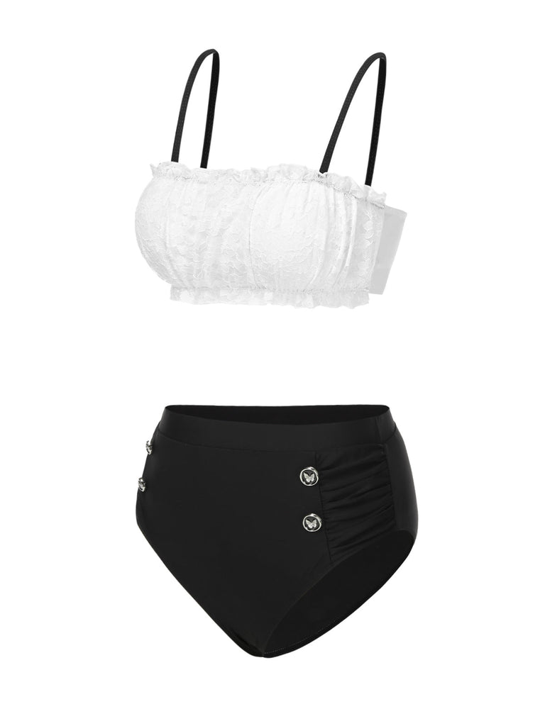Schwarz & Weiß 1930er Farbblock Spitze Bikini Set