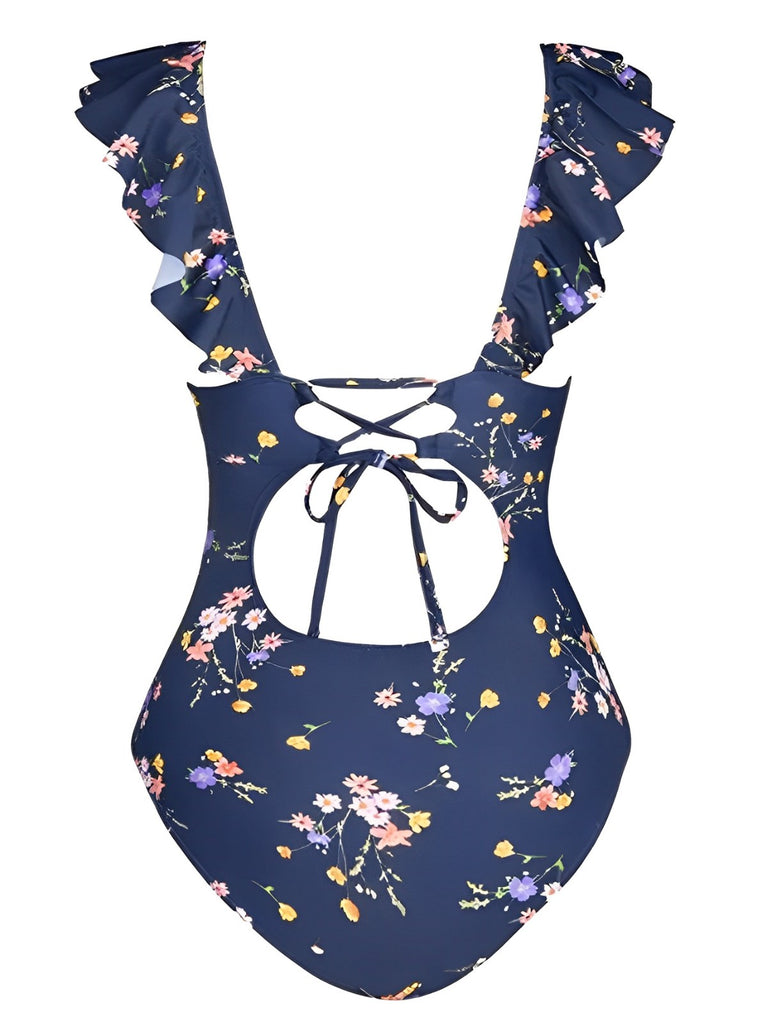 Multicolor 1950er Blumen Rüschen Zurück Ausgehöhlter Badeanzug