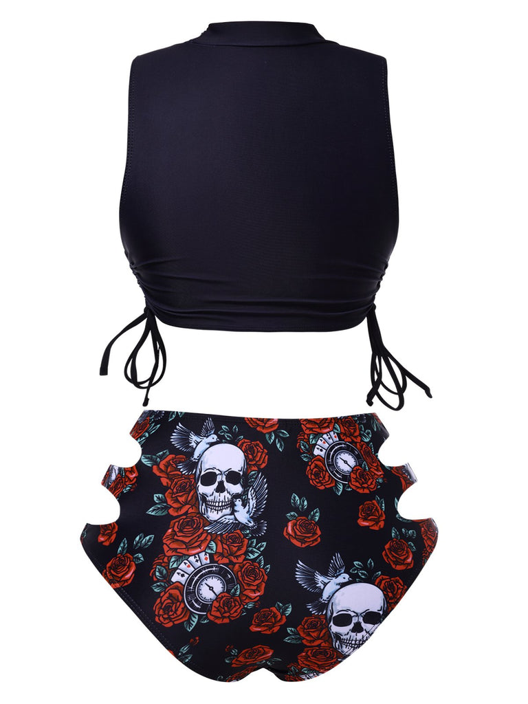 Schwarz 1970er Rose Schädel Schnürung Tankini