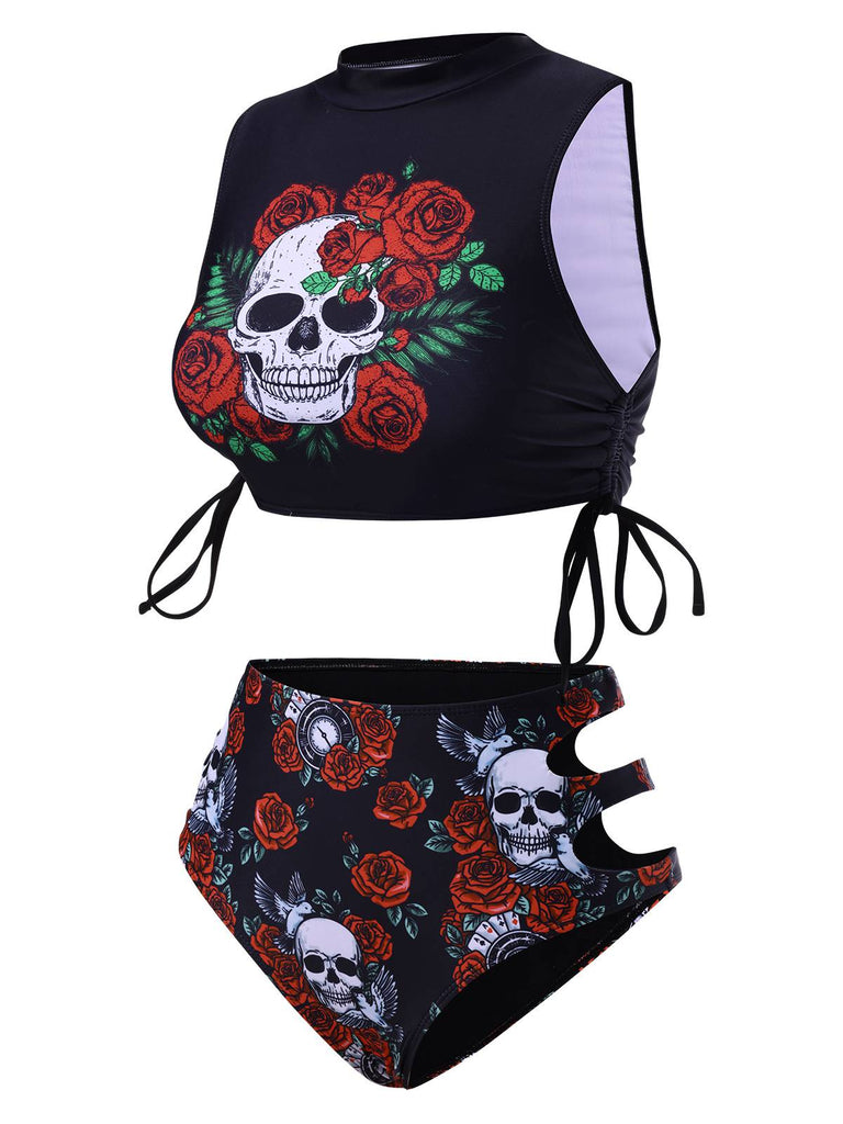 Schwarz 1970er Rose Schädel Schnürung Tankini