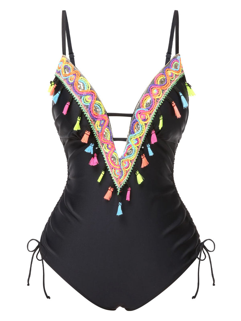 Schwarz 1970er Quaste Besticktes Strappy Badeanzug