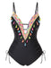 Schwarz 1970er Quaste Besticktes Strappy Badeanzug