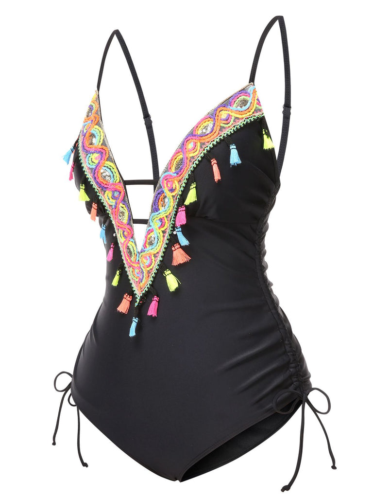 Schwarz 1970er Quaste Besticktes Strappy Badeanzug