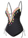 Schwarz 1970er Quaste Besticktes Strappy Badeanzug