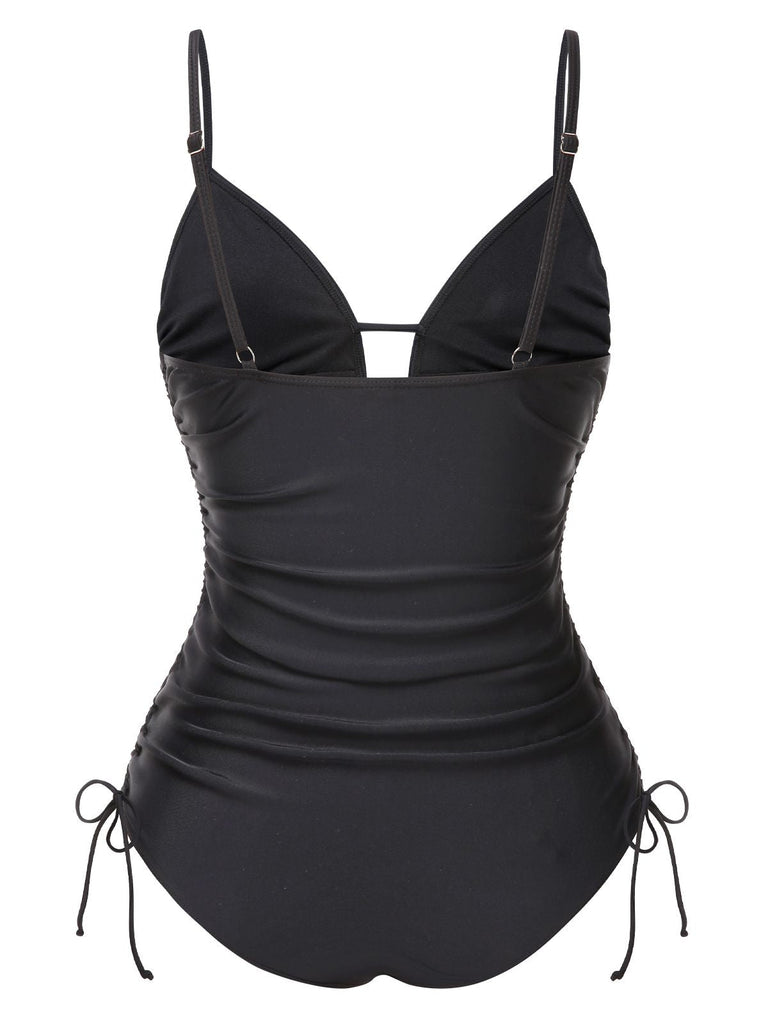 Schwarz 1970er Quaste Besticktes Strappy Badeanzug
