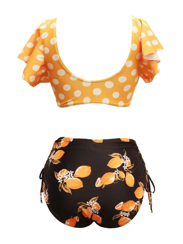 Orange 1950er Tupfen Zitrone Rüschen Bikini Set