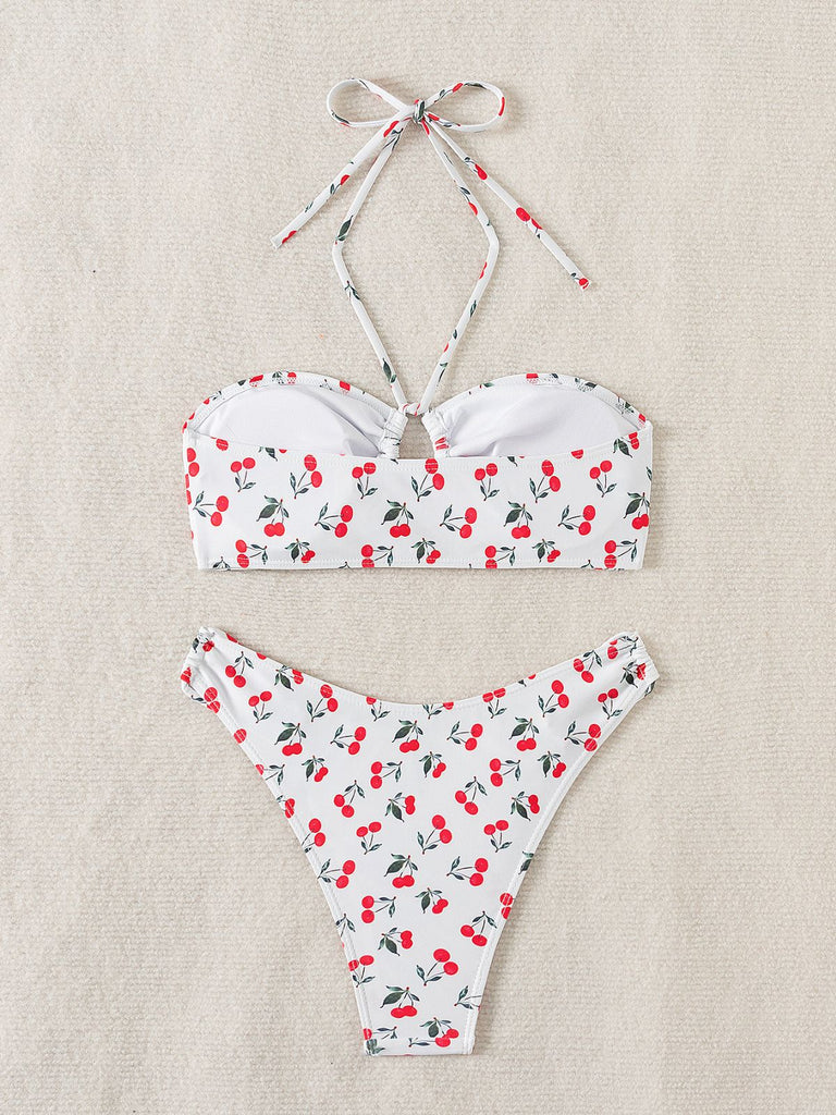 Weiß 1950er Halter Kirsche Bikini Set