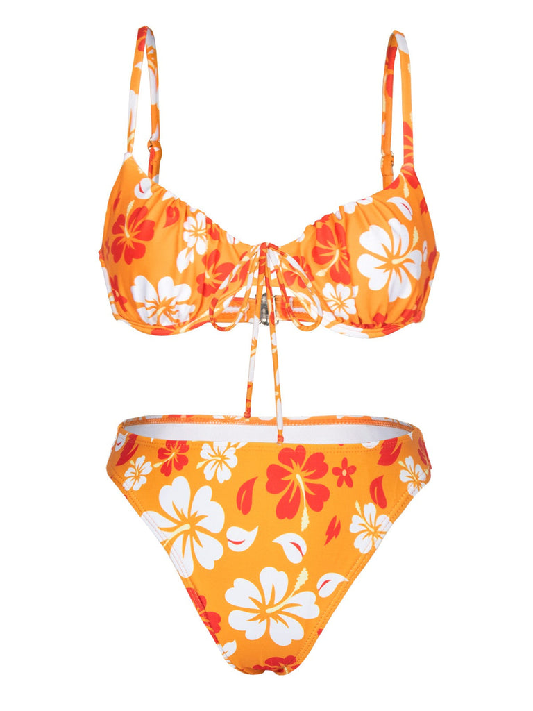 Orange 1950er Silhouette Blumen Träger Rock Bikini