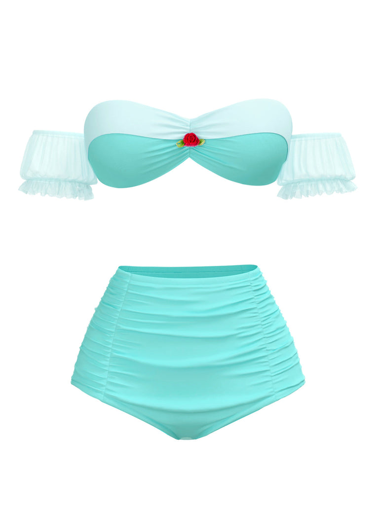 Gelb 1970er Belle Princess Stil Rose Puff Bikini Set
