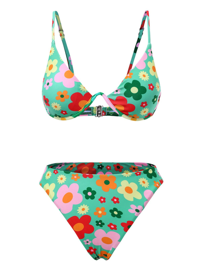 Grün 1950er Karikatur Blumen Bikini Set
