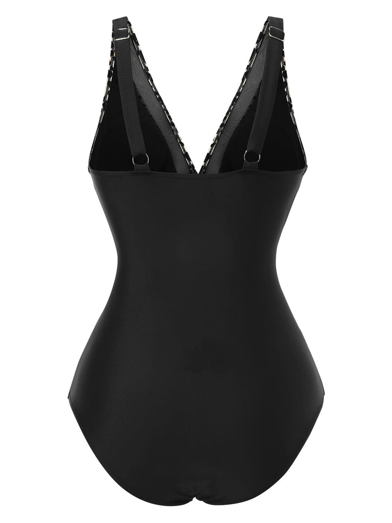 1950er Leopard Tief V-Ausschnitt Patchwork Badeanzug