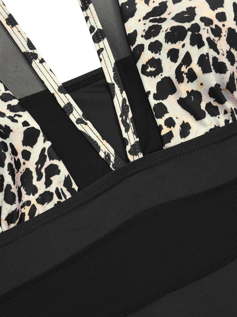 1950er Leopard Tief V-Ausschnitt Patchwork Badeanzug