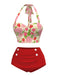 Rot 1950er Rose & Erdbeere Halter Badeanzug