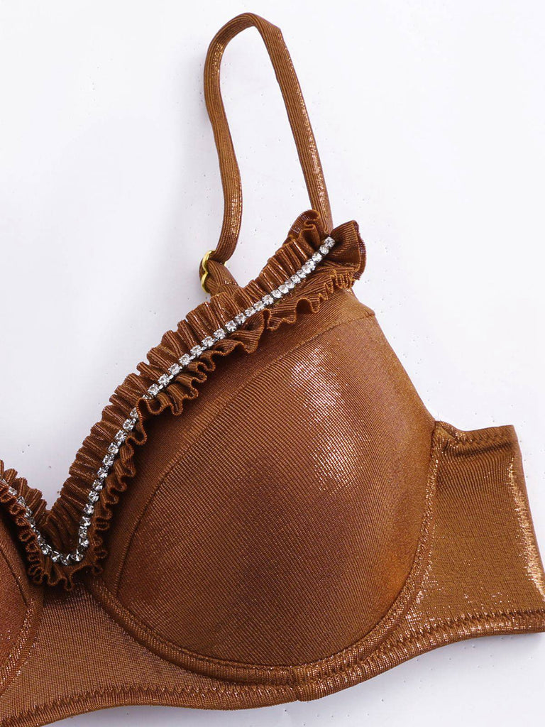 Braun 1950er Glänzend Strassstein Rüschen Bikini Set