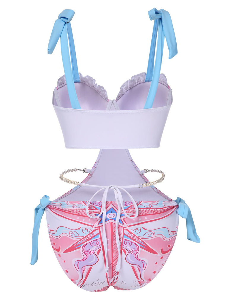 1970er Rüschen Perle Chain Hohl-Taille Badeanzug