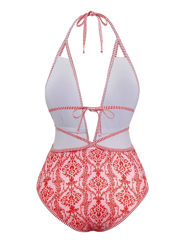 Rot 1970er Tief V-Ausschnitt Halter Barock Bademode