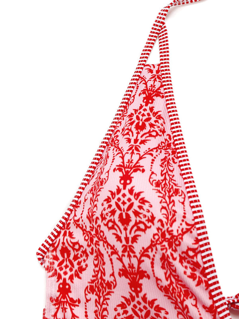 Rot 1970er Tief V-Ausschnitt Halter Barock Bademode