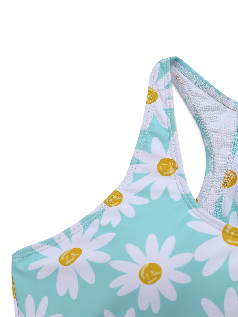 Blau 1960er Gänseblümchen Check Tankini Set