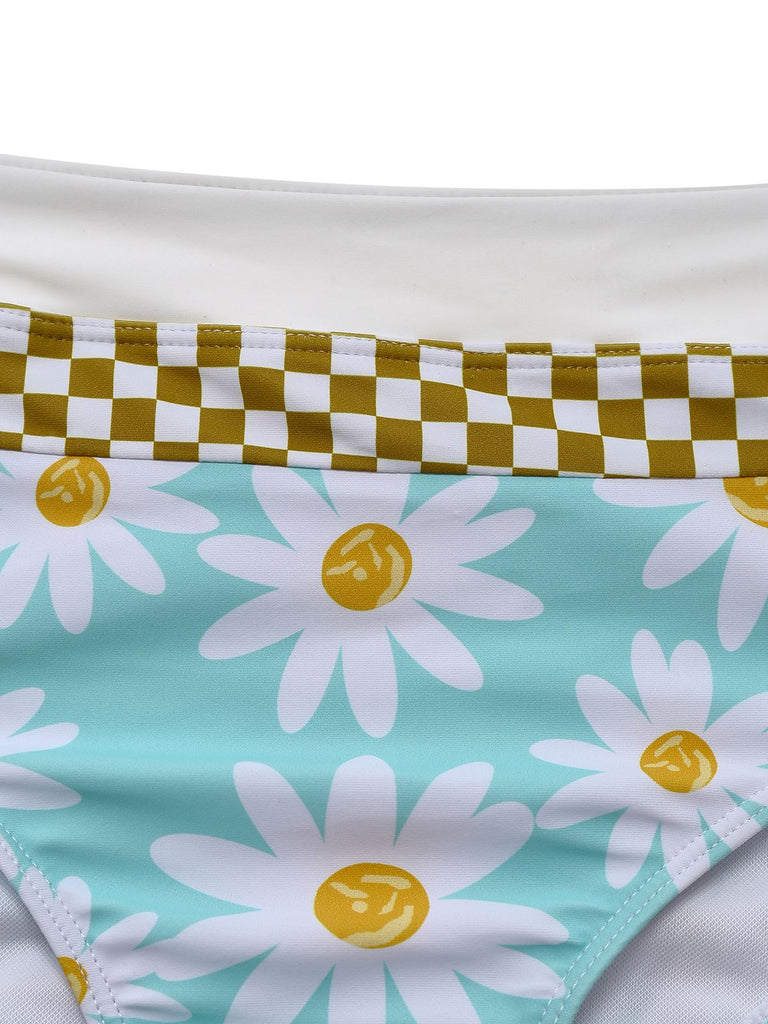 Blau 1960er Gänseblümchen Check Tankini Set