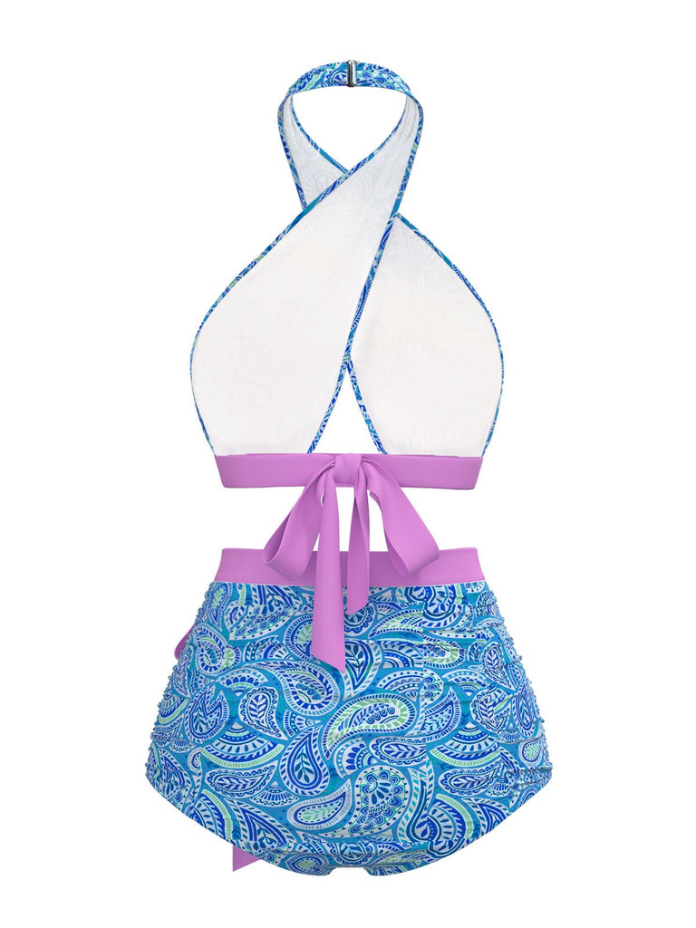 Violett 1970er Paisley Druck Kreuz-Halter Bademode