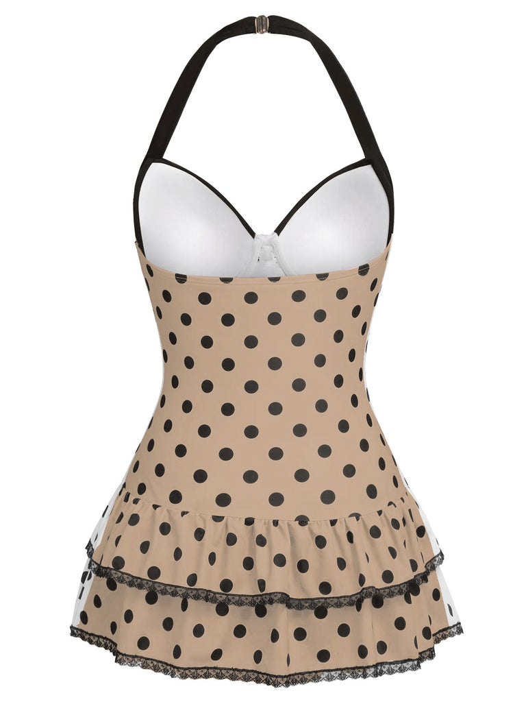 Rosa 1940er Halter Polka Dots Schleife Einteiliger Badeanzug