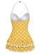Rosa 1940er Halter Polka Dots Schleife Einteiliger Badeanzug