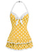 Rosa 1940er Halter Polka Dots Schleife Einteiliger Badeanzug