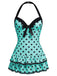 Rosa 1940er Halter Polka Dots Schleife Einteiliger Badeanzug