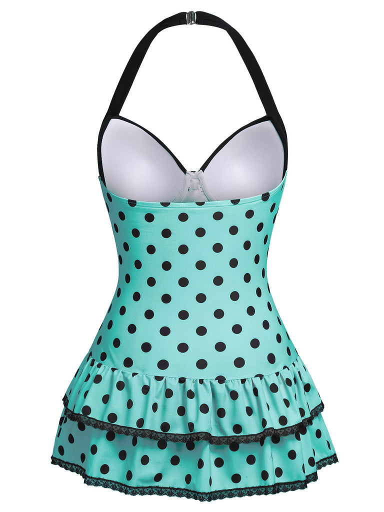 Rosa 1940er Halter Polka Dots Schleife Einteiliger Badeanzug