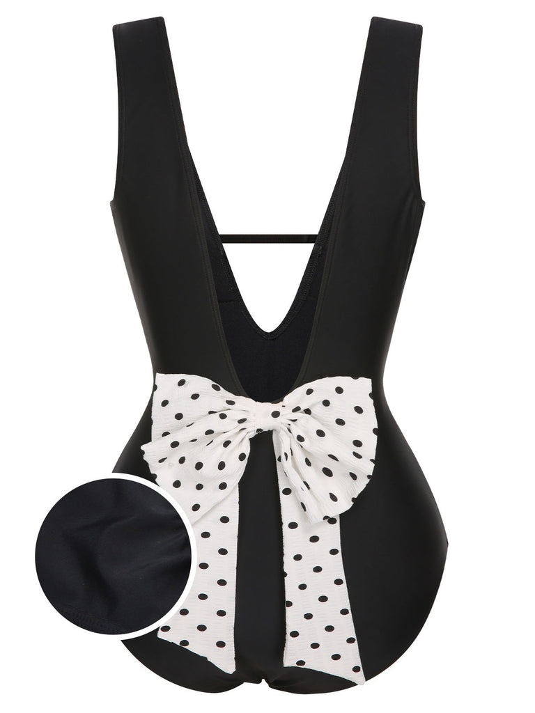 Schwarz 1950er Polka Dot V-Ausschnitt Bogen Badeanzug