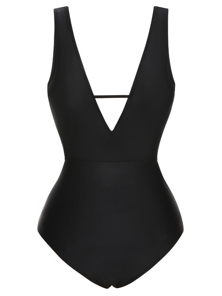 Schwarz 1950er Polka Dot V-Ausschnitt Bogen Badeanzug
