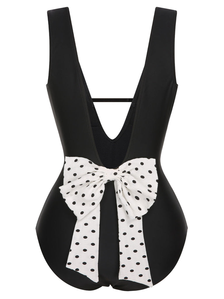 Schwarz 1950er Polka Dot V-Ausschnitt Bogen Badeanzug