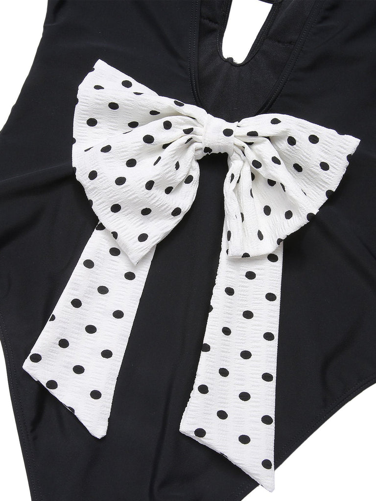 Schwarz 1950er Polka Dot V-Ausschnitt Bogen Badeanzug
