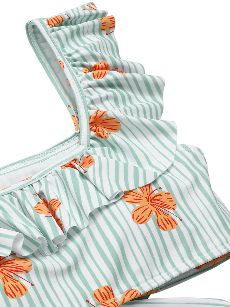 Hellgrün 1950er Blumen Streifen Rüsche Badeanzug