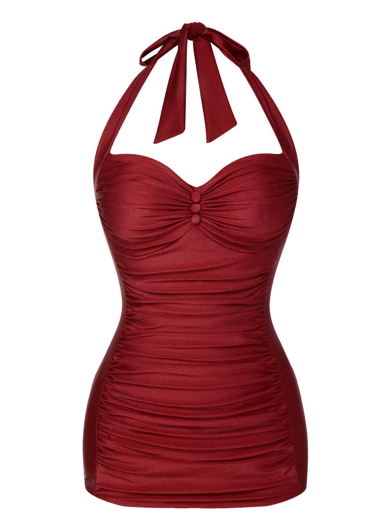Schwarz 1950er Solide Halter Falten Badeanzug