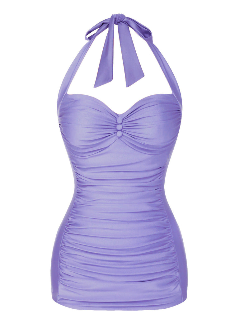 Schwarz 1950er Solide Halter Falten Badeanzug